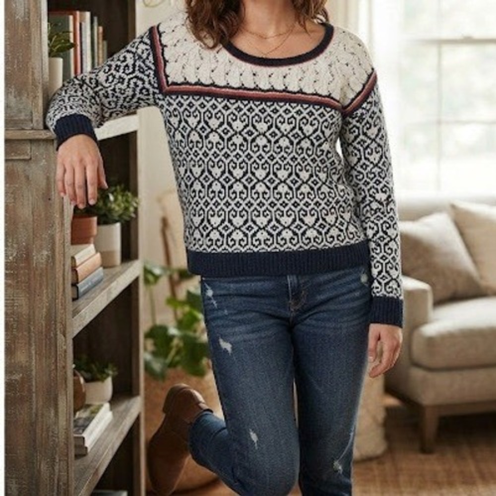 American Eagle Fair Isle Heart Wool Alpaca Blend Pointelle Sweater XL Navy Blue